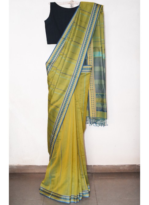 Greenish yellow, Handwoven Organic Cotton, Textured Weave , Jacquard, Work Wear, Saree 